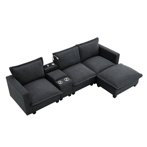 Modern Sectional Cloud Sofa With Console USB Charger Reading Light Cup Holder, Wide Seat 4 Seat Modular Couch Storable Indoor Funiture