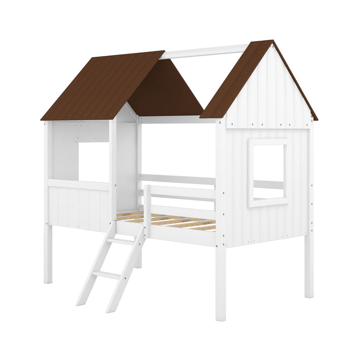 Low Loft Wooden House Bed With Two Side Windows