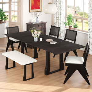 6 Piece Extendable Dining Table Set With 4 Wicker Back Upholstered Dining Chairs And Long Bench, 2 Removable Leaf