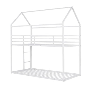 House Bunk Bed Metal Bed Frame Built-In Ladder, No Box Spring Needed