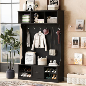 Hall Tree With 6 Hooks, Coat Hanger, Entryway Bench