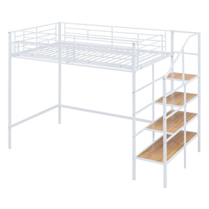 Loft Bed With Upper Grid Storage Shelf And Lateral Storage Ladder