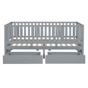 Daybed With Fence Guardrails And 2 Drawers, Split Into Independent Floor Bed & Daybed