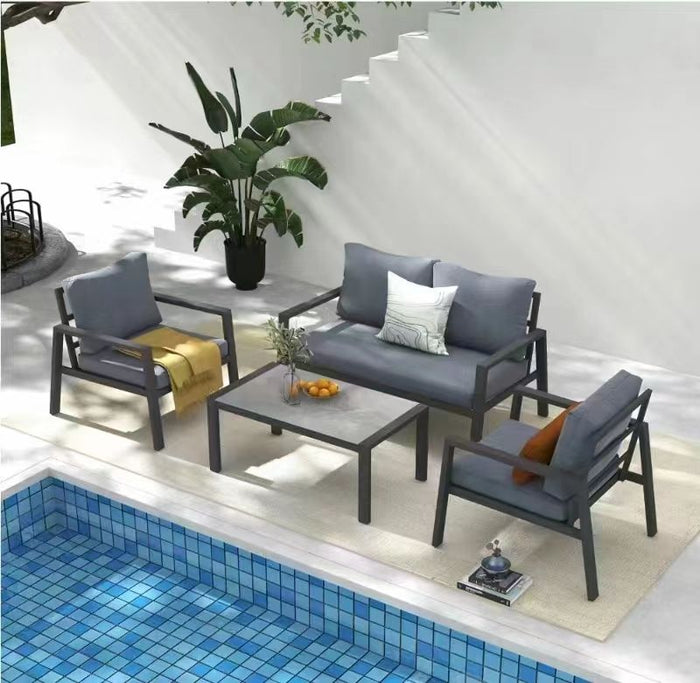 4 Piece Aluminum Outdoor Patio Conversation Set, All Weather Sectional Sofa Outside Furniture With Removable Cushions And Tempered Glass Coffee Table