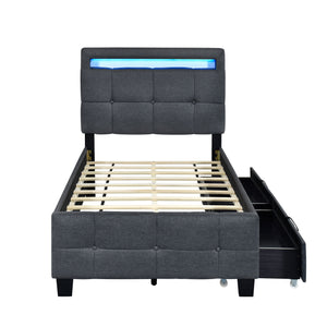 Upholstered Platform Bed With LED Frame, With Trundle And 2 Drawers