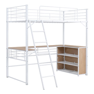 Loft Bed & 3 Layers Of Shelves And L-Shaped Desk