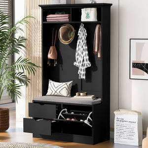 5 In 1 Entryway Bench With Coat Rack, Cushion And 4 Sturdy Hooks, Shoe Storage Bench