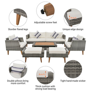 6 Pieces All Weather Sofa Set, Outdoor Rattan Sofa With Double Cushions
