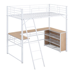 Loft Bed & 3 Layers Of Shelves And L-Shaped Desk