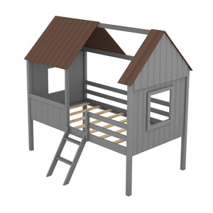 Twin Size Low Loft House Bed With Two Side Windows - Gray / Brown