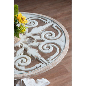 Round Wooden Carved Table Distressed Design - Antique White
