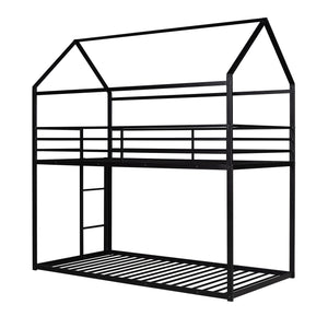 House Bunk Bed Metal Bed Frame Built-In Ladder, No Box Spring Needed