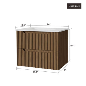 24" Wall Mount Bathroom Vanity Cabinet With - White Basin Sink Combo Floating - Walnut