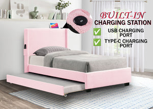 Twin Size Upholstered Bed Frame With Trundle Bed, Teddy Fabric, USB Functionality, And A Pocket Design On The Side Of The Headboard For Storing Small Items - Baby Pink