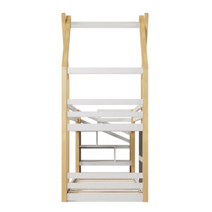Twin Over Twin House Bunk Bed With White Storage Staircase And 2 Blackboards - White / Natural