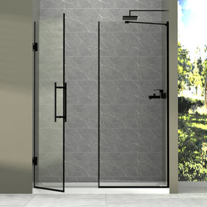Semi-Frameless Double Hinges Shower Door In Matte, Tempered Glass, Reversible Installation - Black