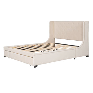 Storage Bed Velvet Upholstered Platform Bed With Wingback Headboard And A Big Drawer