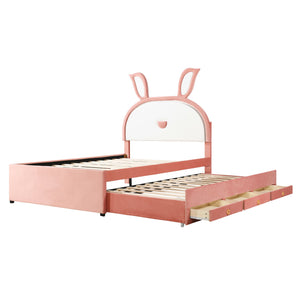 Upholstered Platform Bed With Trundle And 3 Drawers, Rabbit-Shaped Headboard With Embedded LED Lights