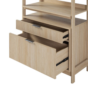 Transitional Wide Reeded Bookshelf With Drawers On Bottom