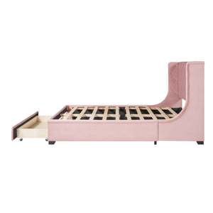 Storage Bed Velvet Upholstered Platform Bed With Wingback Headboard And A Big Drawer