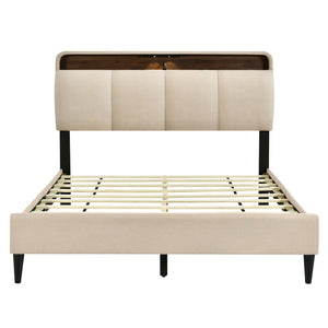 Upholstered Platform Bed With Storage Headboard, Sensor Light And A Set Of Sockets And USB Ports