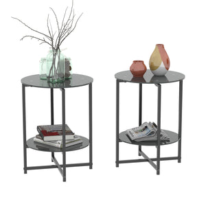 JWS Tempered Glass End Table (Set of 2), Round Coffee Table For Bedroom Living Room Office - Black