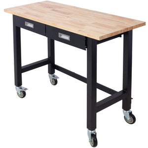 Work Bench, Workbench With Drawer Storage, Heavy Duty Bamboo Wood Work Table With Wheels For Garage Home Office