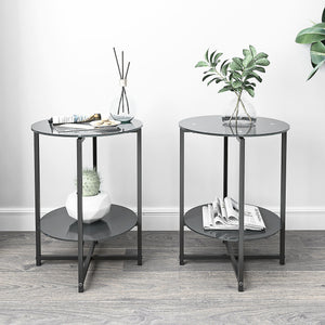 JWS Tempered Glass End Table (Set of 2), Round Coffee Table For Bedroom Living Room Office - Black