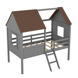 Twin Size Low Loft House Bed With Two Side Windows - Gray / Brown