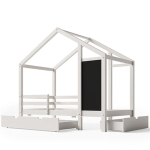 Twin House Bed With Blackboard And Drawers, 2 Assembly Options - White