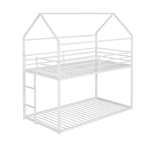 House Bunk Bed Metal Bed Frame Built-In Ladder, No Box Spring Needed
