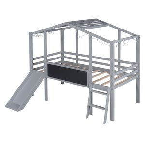 Loft House Bed With Ladder And Slide, With Blackboard And Light Strip On The Roof