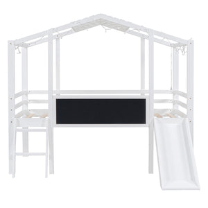 Loft House Bed With Ladder And Slide, With Blackboard And Light Strip On The Roof