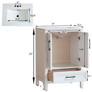 Fully Assembled 24'' Freestanding Single Bathroom Vanity With Ceramic Top - White