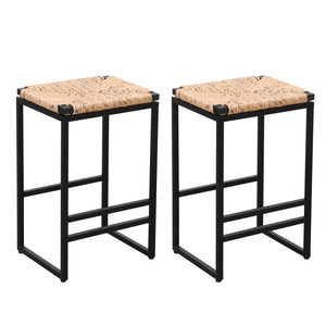 Set Of 2 Backless Water Hyacinth Woven Bar Stools With Footrest, Natural Finish, Metal Frame, 25 Inch Height