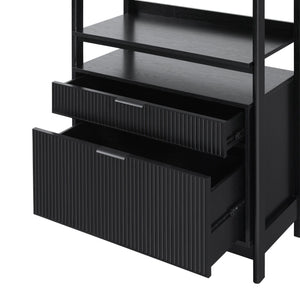 Transitional Wide Reeded Bookshelf With Drawers On Bottom