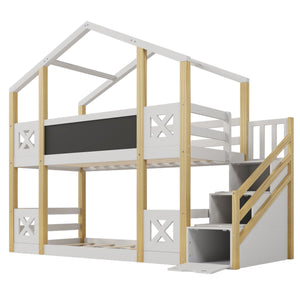 Twin Over Twin House Bunk Bed With White Storage Staircase And Blackboards - White