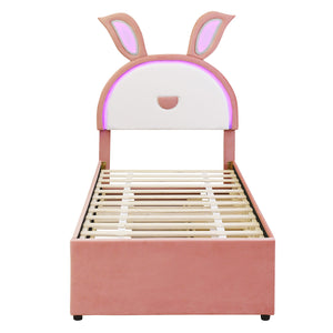 Upholstered Platform Bed With Trundle And 3 Drawers, Rabbit-Shaped Headboard With Embedded LED Lights