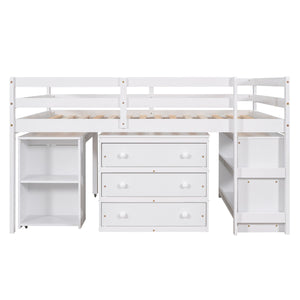 Loft Low Study Bed With Cabinet, Shelves And Rolling Portable Desk, Multiple Functions