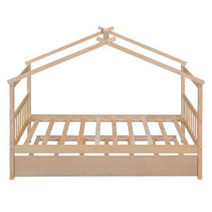Wooden House Bed With Twin Size Trundle