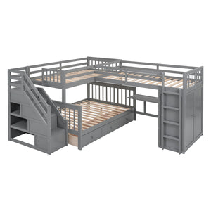 L Shaped Bunk Bed With 3 Drawers, Portable Desk And Wardrobe