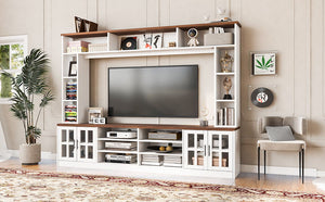 Wall Unit Entertainment Center With Bookshelves For TVs Up To 80", Tempered Glass Doors And Adjustable Shelves