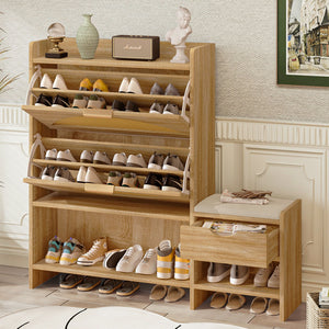 Shoe Storage Cabinet Rattan Shoe Storage Organizer With 2 Flip Drawers, A Storage Drawer And A Bench For Entryway, And Hallway - Light Brown
