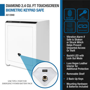 Diamond 2.4 Cu. Ft Touchscreen Biometric Keypad Security Safe - White