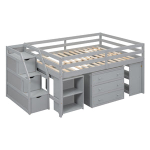 Loft Bed With Retractable Writing Desk And 3 Drawers With Storage Stairs And Shelves