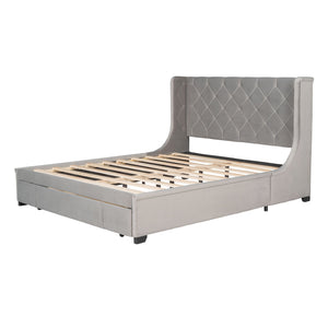 Storage Bed Velvet Upholstered Platform Bed With Wingback Headboard And A Big Drawer