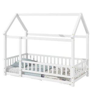 Floor Wooden Bed With House Roof Frame, Fence Guardrails