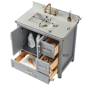 Fully Assembled Freestanding Single Sink Bathroom Vanity With 2 Handles Sets - Gray