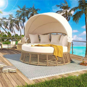 Outdoor Patio Rattan Round Daybed With Retractable Canopy, Wicker Furniture Round Poolside Sofa Sunbed With Removable Cushions, Backyard, Porch - Beige