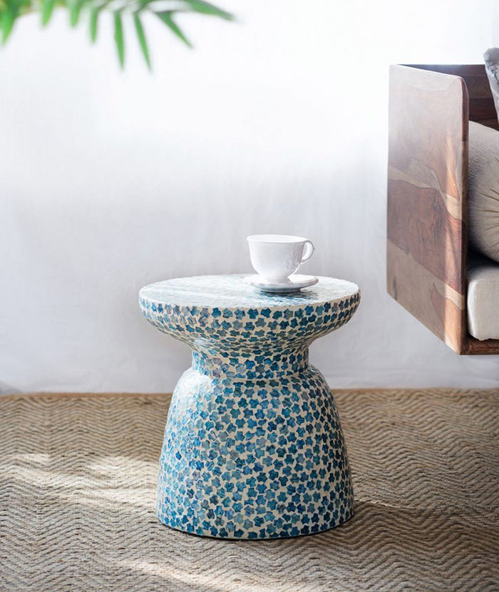 Capiz - Garden Stool Small Side Tabel, Accent Round End Table - Blue